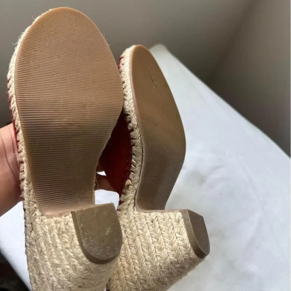 Bella Vita Red Leather Floral Espadrille Block Heel Mules Y2K Vintage Cottage 8